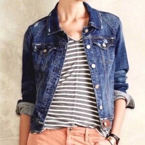 Pilcro Anthropologie Fitted Classic Denim Jeans  Jacket Sz S Leather Trim Boho